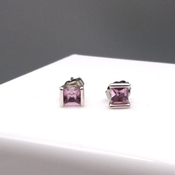 Vintage Pastel Square Cut Crystal Stud Earrings with Silver Tone Oval and Bead - Picture 2 of 7